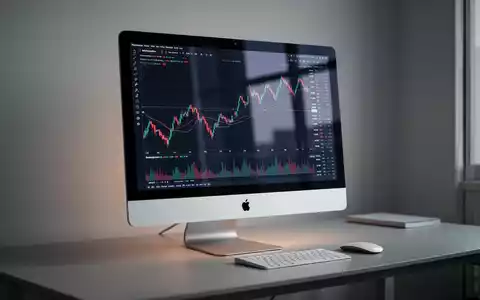 Moderner refurbished iMac Desktop-Computer mit hellem Bildschirm, der Finanzdiagramme auf einem minimalistischen Schreibtisch zeigt. - Foto: über boerse-global.de