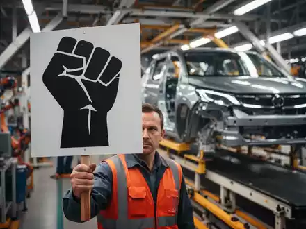 Protestschild mit einer Faust, gehalten von einem Arbeiter in einer Autofabrik, verschwommene Produktionslinie im Hintergrund. - Foto: über boerse-global.de
