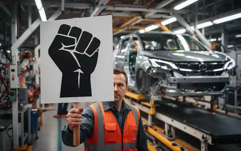 Protestschild mit einer Faust, gehalten von einem Arbeiter in einer Autofabrik, verschwommene Produktionslinie im Hintergrund. - Foto: über boerse-global.de