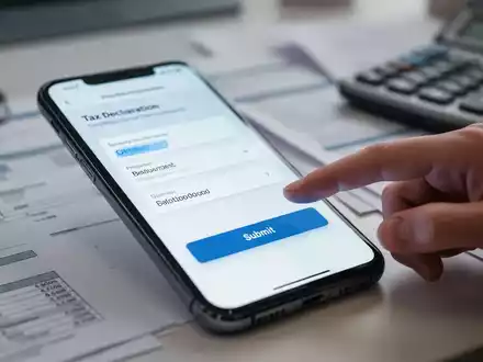 Ein Smartphone zeigt eine App für die Steuererklärung mit einem Finger, der kurz davor ist, auf eine Schaltfläche zum Absenden zu tippen. - Foto: über boerse-global.de