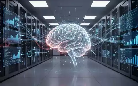 Leuchtendes, abstraktes KI-Netzwerk in einem modernen Rechenzentrum, verbunden mit Bildschirmen für Geschäftsdaten und Code. - Foto: über boerse-global.de