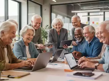 Aktive Senioren (60+) arbeiten zusammen in einem modernen Co-Working Space, nutzen Laptops und Tablets. - Foto: über boerse-global.de