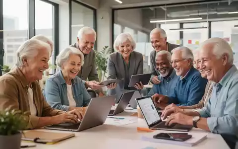 Aktive Senioren (60+) arbeiten zusammen in einem modernen Co-Working Space, nutzen Laptops und Tablets. - Foto: über boerse-global.de