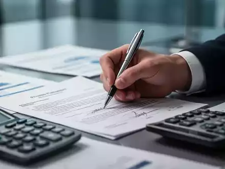 Eine Hand unterschreibt ein Finanzdokument mit einem Stift, umgeben von verschwommenen Dokumenten und einem Taschenrechner. - Foto: über boerse-global.de