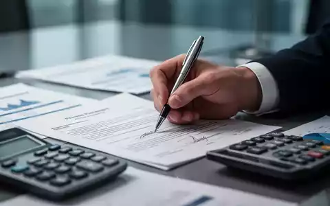 Eine Hand unterschreibt ein Finanzdokument mit einem Stift, umgeben von verschwommenen Dokumenten und einem Taschenrechner. - Foto: über boerse-global.de