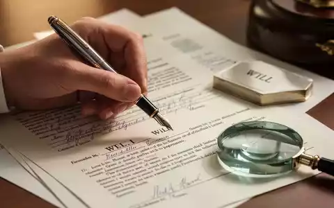 Eine Hand hält einen Füllfederhalter über juristischen Dokumenten, einem Testament und einer Lupe, was Präzision und rechtliche Entscheidungen symbolisiert. - Foto: über boerse-global.de