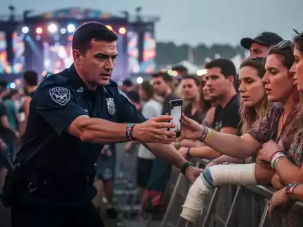 Ein Sicherheitsmitarbeiter in Uniform greift nach dem Smartphone eines Festivalbesuchers mit Gipsbein auf einem Openair-Gelände. - Foto: über boerse-global.de
