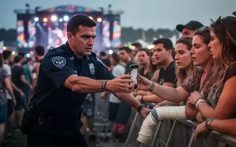 Ein Sicherheitsmitarbeiter in Uniform greift nach dem Smartphone eines Festivalbesuchers mit Gipsbein auf einem Openair-Gelände. - Foto: über boerse-global.de