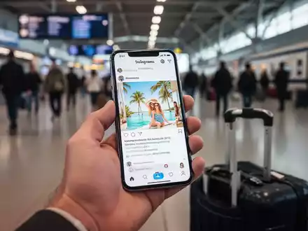 Eine Hand hält ein Smartphone mit einer Urlaubsfoto-App. Im unscharfen Hintergrund sind ein Flughafen und ein Koffer zu sehen. - Foto: über boerse-global.de