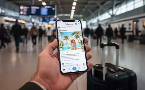 Eine Hand hält ein Smartphone mit einer Urlaubsfoto-App. Im unscharfen Hintergrund sind ein Flughafen und ein Koffer zu sehen. - Foto: über boerse-global.de