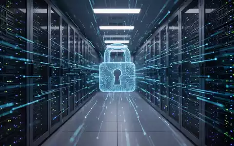 Gedimmter Serverraum mit blauen Datenströmen und einem abstrakten digitalen Vorhängeschloss-Symbol für Cybersicherheit. - Foto: über boerse-global.de