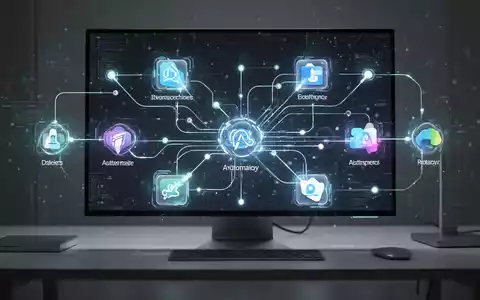 Eine stilisierte Darstellung miteinander verbundener digitaler Workflows mit leuchtenden Linien und Knoten, die den Datenfluss zwischen abstrakten Anwendungssymbolen auf einem eleganten, minimalistischen Desktop veranschaulichen. - Foto: über boerse-global.de