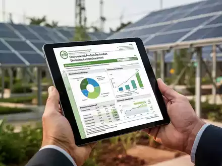 Nahaufnahme einer Hand, die ein Tablet mit einer Umweltproduktdeklaration (EPD) hält, im Hintergrund eine Baustelle. - Foto: über boerse-global.de