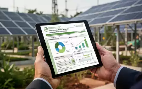 Nahaufnahme einer Hand, die ein Tablet mit einer Umweltproduktdeklaration (EPD) hält, im Hintergrund eine Baustelle. - Foto: über boerse-global.de