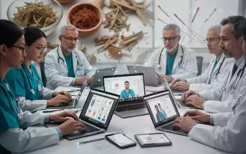 Gesundheitsfachkräfte lernen über Laptops und Tablets. Im Hintergrund sind angedeutet traditionelle chinesische Medizin Elemente zu sehen. - Foto: über boerse-global.de