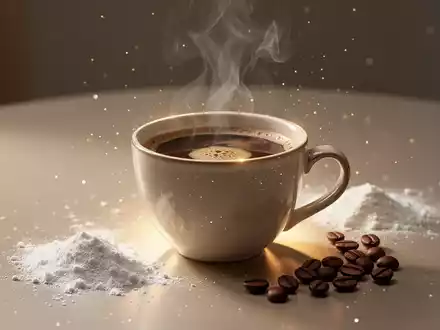 Eine dampfende Tasse Kaffee mit einem sanften, schimmernden Glanz, umgeben von feinem Kollagenpulver und Kaffeebohnen. - Foto: über boerse-global.de