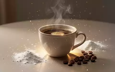 Eine dampfende Tasse Kaffee mit einem sanften, schimmernden Glanz, umgeben von feinem Kollagenpulver und Kaffeebohnen. - Foto: über boerse-global.de