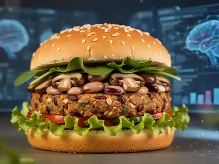 Ein appetitlicher pflanzlicher Burger mit Pilzen und Bohnen, im Hintergrund schemenhaft digitale Elemente und Datenvisualisierungen. - Foto: über boerse-global.de
