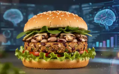 Ein appetitlicher pflanzlicher Burger mit Pilzen und Bohnen, im Hintergrund schemenhaft digitale Elemente und Datenvisualisierungen. - Foto: über boerse-global.de