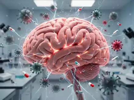 Ein stilisiertes Gehirn mit leuchtenden neuronalen Pfaden, umgeben von Viruspartikeln und Medikamentenmolekülen in einem Labor. - Foto: über boerse-global.de