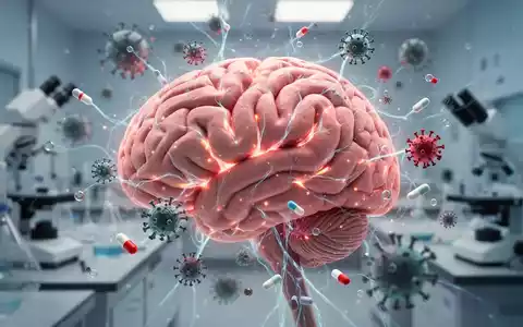 Ein stilisiertes Gehirn mit leuchtenden neuronalen Pfaden, umgeben von Viruspartikeln und Medikamentenmolekülen in einem Labor. - Foto: über boerse-global.de