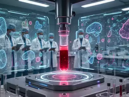 Nahaufnahme einer Blutprobe in einem Labor mit futuristischen Analysegeräten und digitalen Datenanzeigen. - Foto: über boerse-global.de