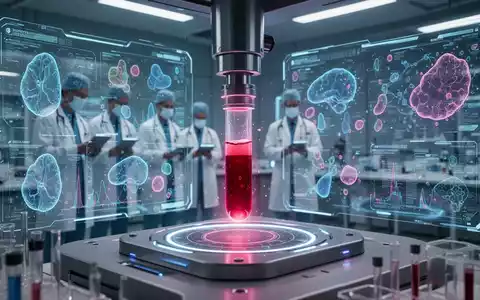 Nahaufnahme einer Blutprobe in einem Labor mit futuristischen Analysegeräten und digitalen Datenanzeigen. - Foto: über boerse-global.de