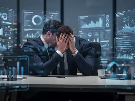 Ein erschöpfter Manager sitzt am Schreibtisch mit dem Kopf in den Händen, umgeben von verschwommenen Bildschirmen, die Druck und Burnout symbolisieren. - Foto: über boerse-global.de