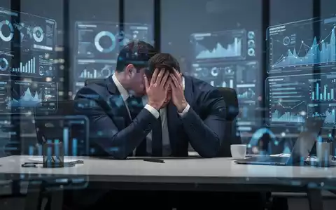 Ein erschöpfter Manager sitzt am Schreibtisch mit dem Kopf in den Händen, umgeben von verschwommenen Bildschirmen, die Druck und Burnout symbolisieren. - Foto: über boerse-global.de
