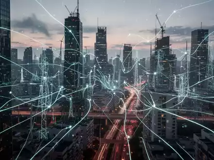 Abstrakte Darstellung städtischer Infrastruktur bei Dämmerung, die Vernetzung und Resilienz durch leuchtende Linien symbolisiert. - Foto: über boerse-global.de