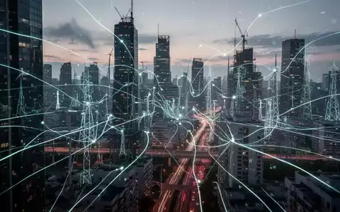 Abstrakte Darstellung städtischer Infrastruktur bei Dämmerung, die Vernetzung und Resilienz durch leuchtende Linien symbolisiert. - Foto: über boerse-global.de