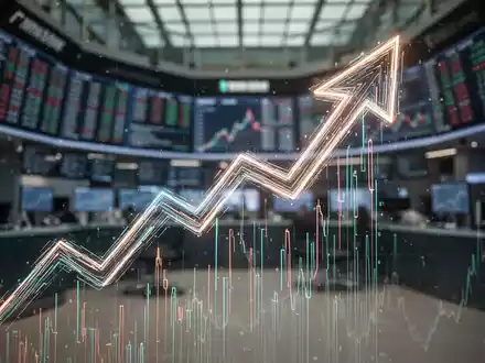 Ein stilisierter, aufwärts gerichteter Pfeilgraph aus leuchtenden digitalen Linien, der Wachstum im Finanzsektor darstellt. - Foto: über boerse-global.de