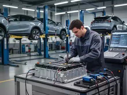Ein Mechaniker arbeitet in einer modernen Werkstatt an einer Batterie eines Elektrofahrzeugs, umgeben von Spezialwerkzeugen. - Foto: über boerse-global.de