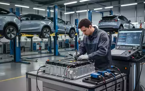 Ein Mechaniker arbeitet in einer modernen Werkstatt an einer Batterie eines Elektrofahrzeugs, umgeben von Spezialwerkzeugen. - Foto: über boerse-global.de