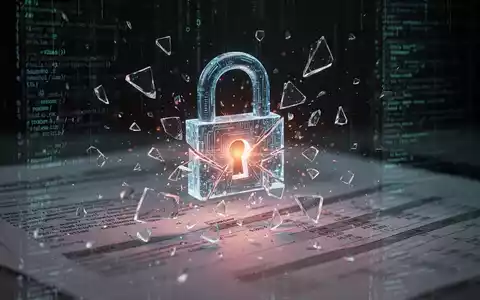 Ein digitales Schloss zerspringt in Fragmente, symbolisiert einen Datenbruch, vor unscharfem Hintergrund aus Finanzdokumenten und Code. - Foto: über boerse-global.de