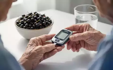 Eine ältere Hand misst den Blutzucker, im Hintergrund eine Schale mit schwarzen Johannisbeeren und ein Glas Wasser. - Foto: über boerse-global.de