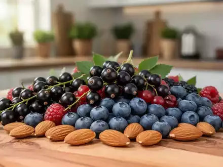 Nahaufnahme einer Schale mit frischen schwarzen Johannisbeeren, Heidelbeeren und Mandeln auf einem Holztisch. - Foto: über boerse-global.de