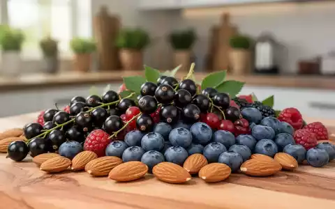 Nahaufnahme einer Schale mit frischen schwarzen Johannisbeeren, Heidelbeeren und Mandeln auf einem Holztisch. - Foto: ĂŒber boerse-global.de