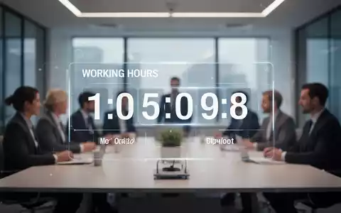Eine digitale Zeiterfassungsuhr zeigt Arbeitszeiten an, im Hintergrund verschwommen ein Büro. Fokus auf Zeiterfassung und Arbeitsrecht. - Foto: über boerse-global.de
