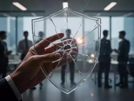 Eine Hand hält eine leicht rissige, transparente Barriere, im Hintergrund verschwommen Büro-Silhouetten, die Zerbrechlichkeit und Spannung symbolisieren. - Foto: über boerse-global.de