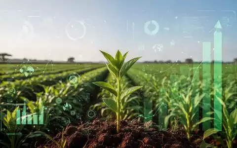 Gesunde Pflanze sprießt aus fruchtbarer Erde in einem grünen Feld, das digitale Datenvisualisierungen überlagert. - Foto: über boerse-global.de