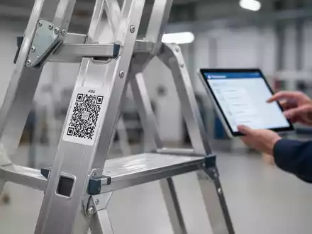 Nahaufnahme einer Aluminiumleiter mit einem QR-Code-Aufkleber. Im unscharfen Hintergrund hält eine Hand ein Tablet mit einer digitalen Checkliste. - Foto: über boerse-global.de