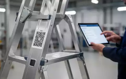 Nahaufnahme einer Aluminiumleiter mit einem QR-Code-Aufkleber. Im unscharfen Hintergrund hält eine Hand ein Tablet mit einer digitalen Checkliste. - Foto: über boerse-global.de