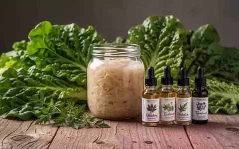Eine Anordnung von natĂĽrlichen Produkten: grĂĽnes BlattgemĂĽse, ein Glas Sauerkraut und kleine Flaschen mit Bittertropfen auf einem Holztisch. - Foto: ĂĽber boerse-global.de
