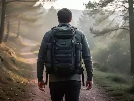 Eine Person mit einem beschwerten Rucksack geht auf einem Naturpfad bergauf, umgeben von Bäumen im Morgenlicht. - Foto: über boerse-global.de