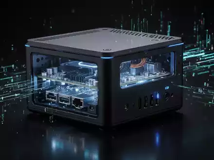 Nahaufnahme eines kompakten, eleganten Mini-PCs mit beleuchteten Innenkomponenten und digitalen Datenströmen. - Foto: über boerse-global.de