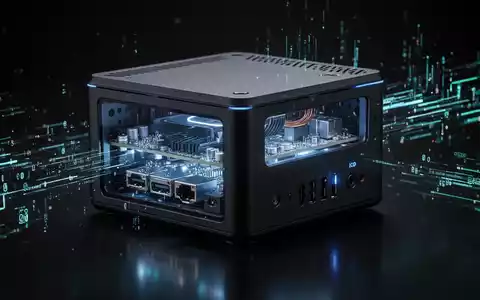 Nahaufnahme eines kompakten, eleganten Mini-PCs mit beleuchteten Innenkomponenten und digitalen Datenströmen. - Foto: über boerse-global.de