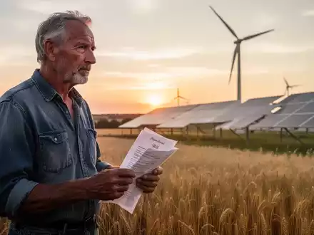 Ein erfahrener Landwirt steht nachdenklich auf einem Feld bei Sonnenuntergang und hält wichtige Dokumente in der Hand. - Foto: über boerse-global.de