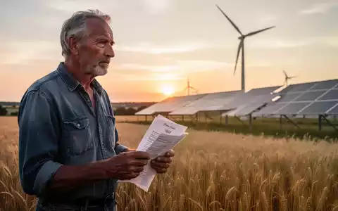 Ein erfahrener Landwirt steht nachdenklich auf einem Feld bei Sonnenuntergang und hält wichtige Dokumente in der Hand. - Foto: über boerse-global.de