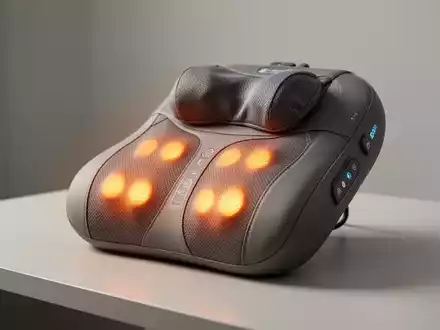 Ein ergonomisches Shiatsu-Massagekissen mit Wärmefunktion für Nacken- und Schultermassage, auf einer hellen Oberfläche platziert. - Foto: über boerse-global.de